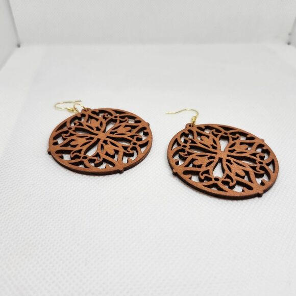 Bohemian Floral Circular Wood Dangle Earrings Chandelier Sterling Silver Hook - Picture 3 of 7